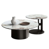 Round nesting coffee table with black and gold frame and durable sintered stone top